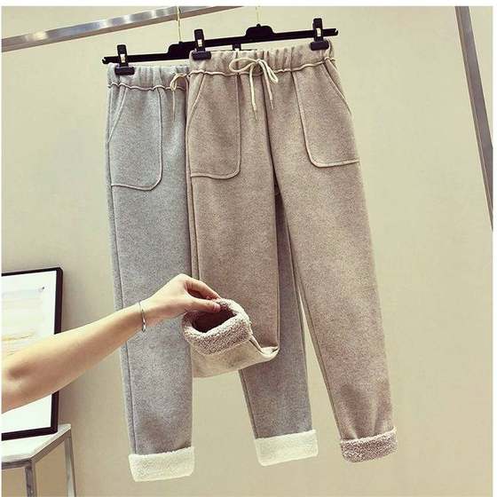 2019 Imitation sherpa high waist double-sided woolen casual pants for women winter straight nine-point carrot pants small feet harem pants