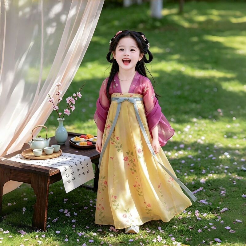 High-End Girl's Hanfu Chest-Length Skirt Top, Tang Dynasty Style, with Large Sleeves, Plum Yellow, Rain Pattern High-End Girl's Hanfu Chest-Length Skirt Top, Tang Dynasty Style, with Large Sleeves, Plum Yellow, Rain Pattern