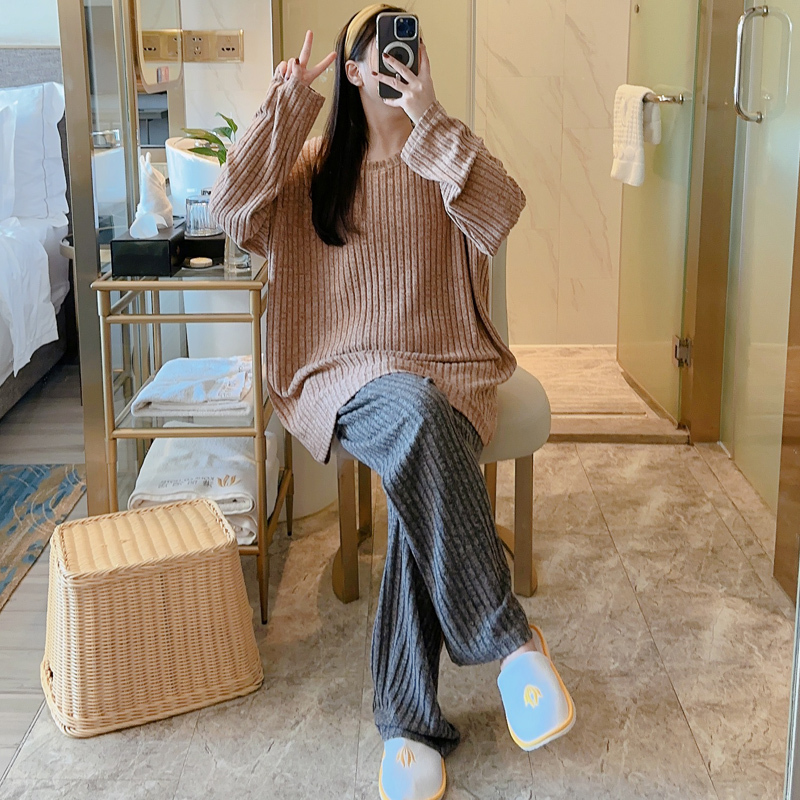 Melard Women's Pajamas for Spring, Autumn, and Winter, Knitted, Brushed, Warm, Loose-Fitting, Plus-Size, Lazy Loungewear Set