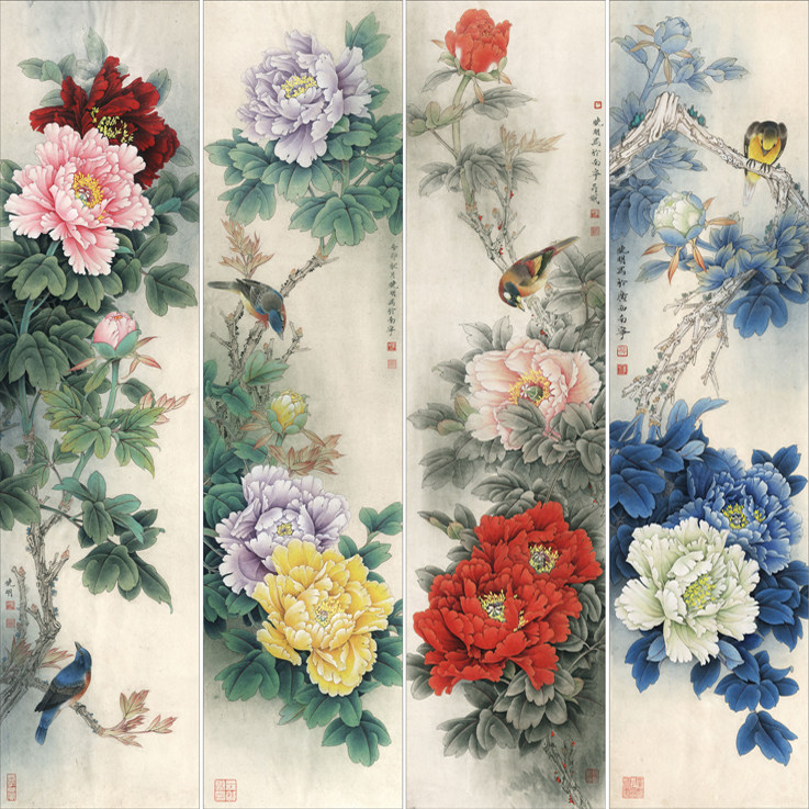 Working pen country painting Li Xiaoming white sketch manuscript in kind print manuscript peony four strips of screen 33 * 132 total of 4 with A color drawing-Taobao