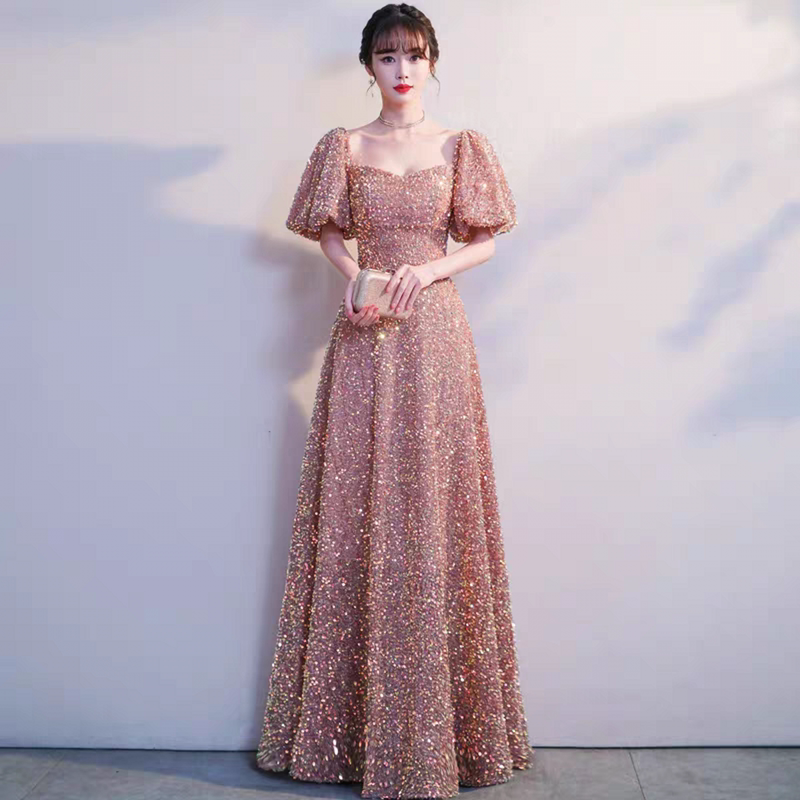 Plus-Size Sequin Evening Dress for Women, Elegant and Slimming, Covers the Arms, High-End, Light Luxury, Suitable for Coming-Of-Age Ceremonies, Annual Parties, and Birthday Dresses