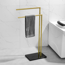 LFSTN Free Punch Bathroom Floor Wire Drawing Brass Bath Towel Rack Towel Rod Double Pole Bathroom Golden towel rack