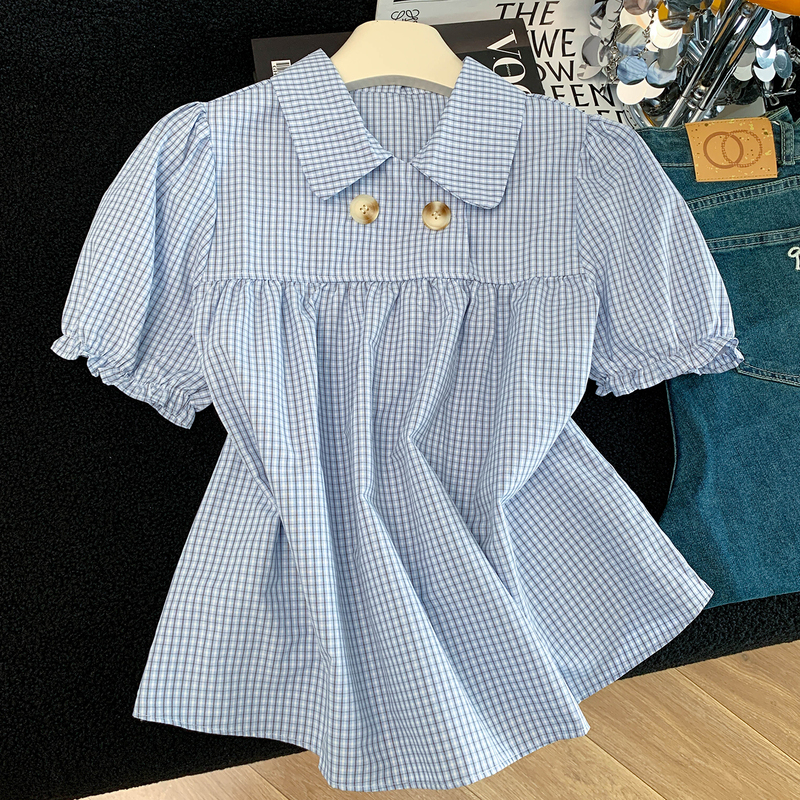 Blue Plaid Doll Collar Shirt Top for Women, Summer, Petite, Loose, Tummy-Covering, Age-Reducing, Puff Short-Sleeve Shirt