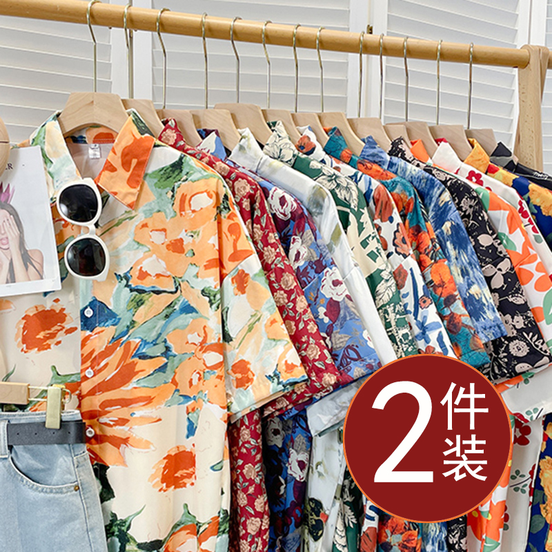 Two-Piece Set of Retro-Designed Hong Kong-Style Printed Niche Thin Chiffon Shirts for Women, 2026 Summer Polo Collar Tops