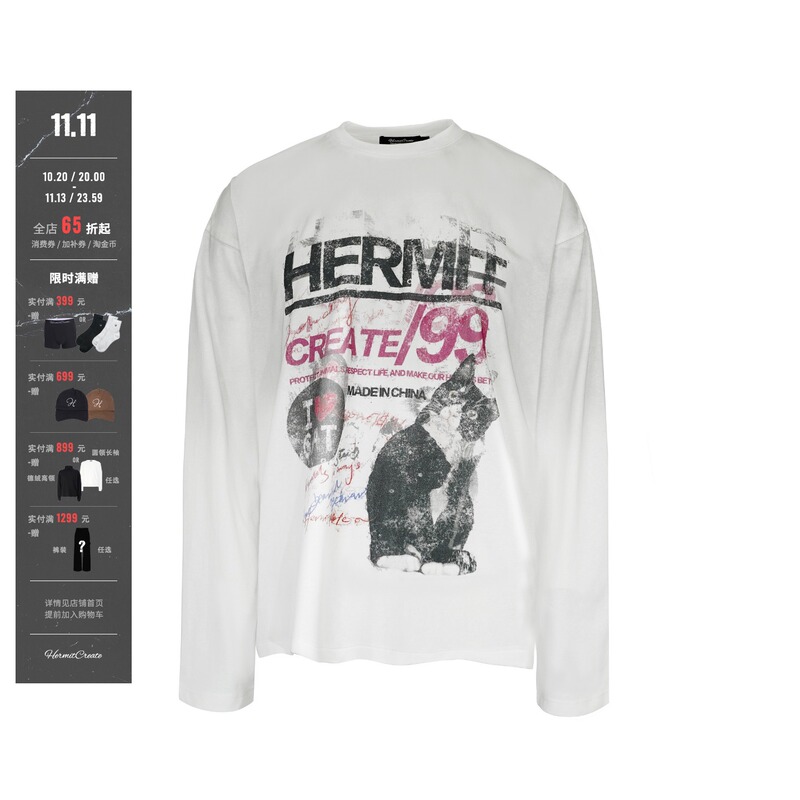 Hermitcreate24Fw Distressed Spray-Dyed Combed Cotton Printed Long-Sleeve T-Shirt Cartoon Cat Vintage Trendy