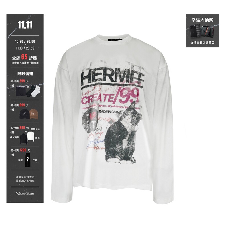 Hermitcreate24Fw Distressed Spray-Dyed Combed Cotton Printed Long-Sleeve T-Shirt Cartoon Cat Vintage Trendy