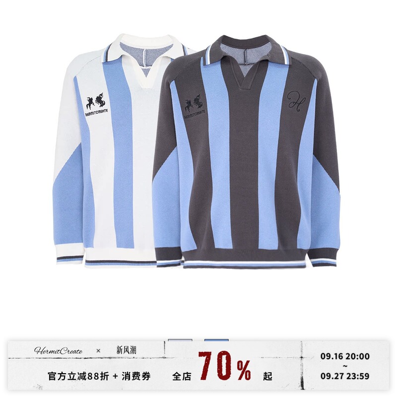 Hc/Hermitcreate Color-Blocked Knit Football Long-Sleeve Sweater, Street Fashion, Retro Old Money Casual Style Hc/Hermitcreate Color-Blocked Knit Football Long-Sleeve Sweater, Street Fashion, Retro Old Money Casual Style