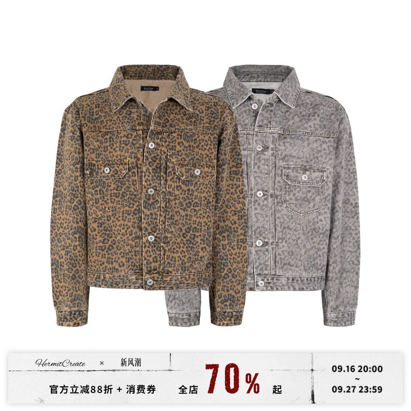 Hc/Hermitcreate Distressed Washed Leopard Print Five-Star Jacket Short Wide Denim Street Style Vintage Hc/Hermitcreate Distressed Washed Leopard Print Five-Star Jacket Short Wide Denim Street Style Vintage
