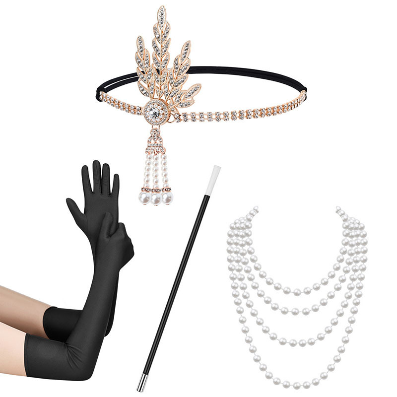 1920S Great Gatsby Lady's Dress Accessories Retro Long Gloves Cigarette Holder Pearl Necklace Hair Tie Set 1920S Great Gatsby Lady's Dress Accessories Retro Long Gloves Cigarette Holder Pearl Necklace Hair Tie Set