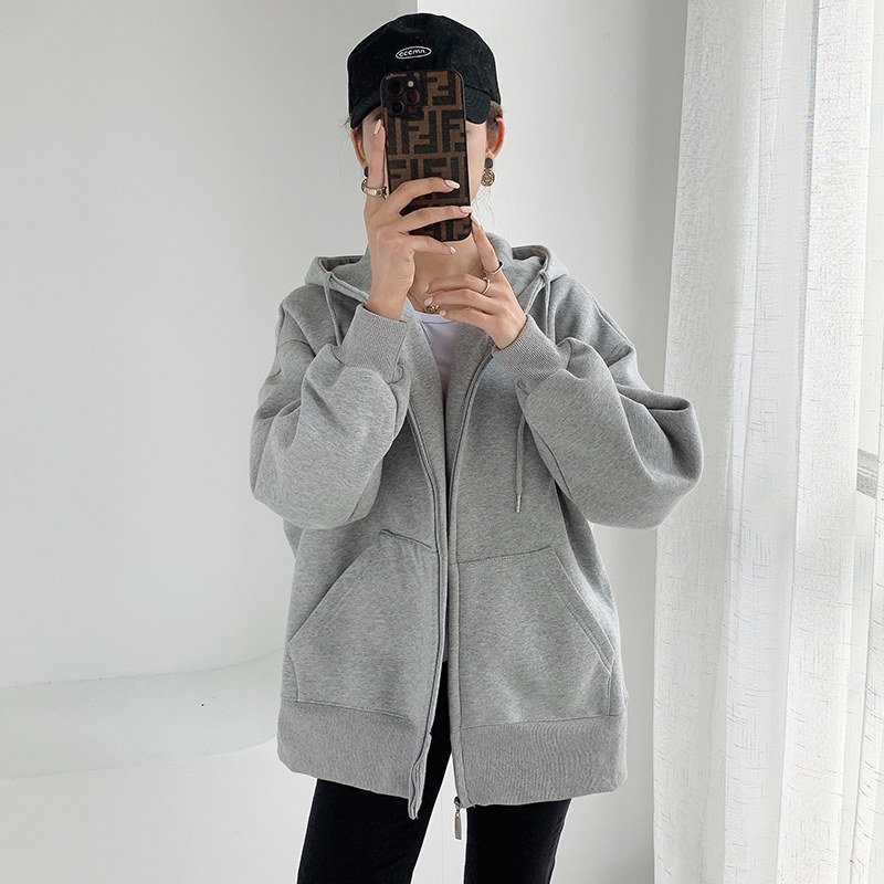 Laced grey thick cotton T jacket female spring autumn 2021 new even cap loose bf Lazy Breeze Cardio-cotton Blouse