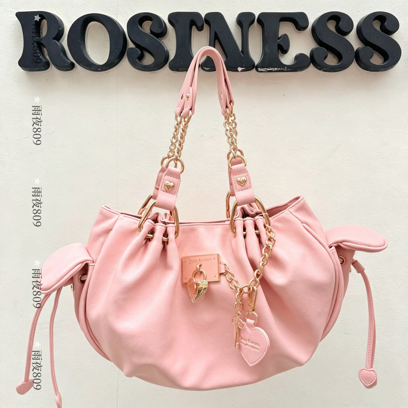 Correct Version of Juicy Couture Cherry Blossom Pink Pleated Tote Bag with Heart Lock Chain Underarm Bag American Sweet Girl Style Correct Version of Juicy Couture Cherry Blossom Pink Pleated Tote Bag with Heart Lock Chain Underarm Bag American Sweet Girl Style