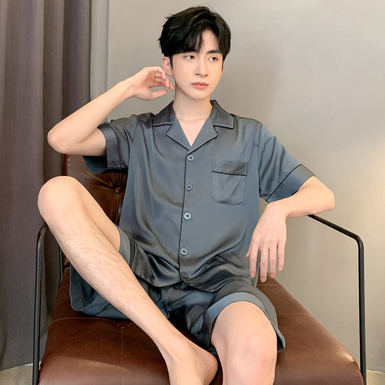 Pajamas men's ice silk summer short-sleeved men's shorts summer suits spring and autumn boys' thin home clothes silk