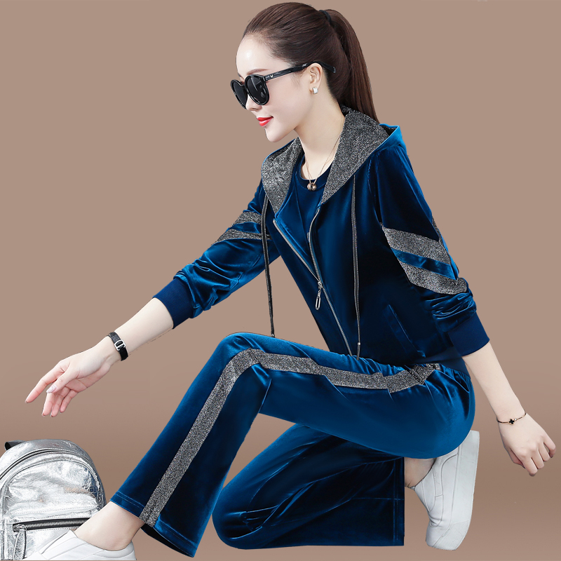 Gold velvet sports suit women's spring and autumn 2021 new thick cotton T three-piece set fashion large size long-sleeved loose casual clothes