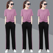 Cotton linen wide leg pants sports suit women Summer 2020 new fashion loose short sleeve trousers casual wear two-piece tide