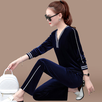 Golden velvet spring and autumn sports suit women 2020 new sportswear wide leg pants loose slim casual two-piece tide