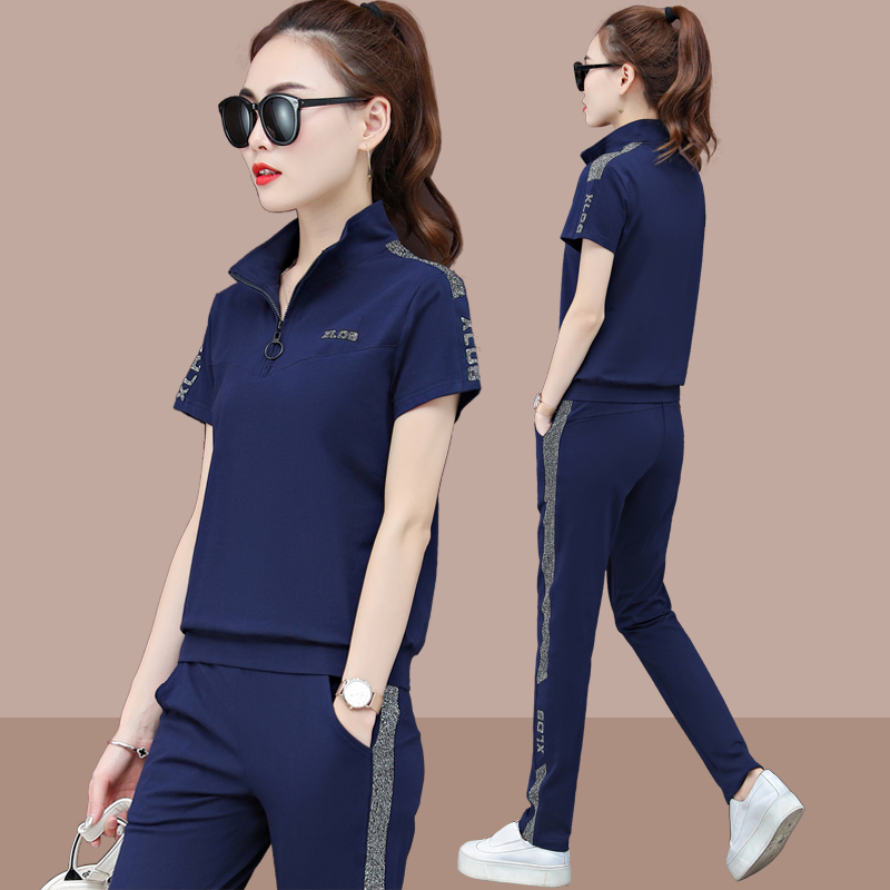 Short-sleeved trousers sports suit women's summer 2020 new two-piece set large size loose standing front step casual clothes thin