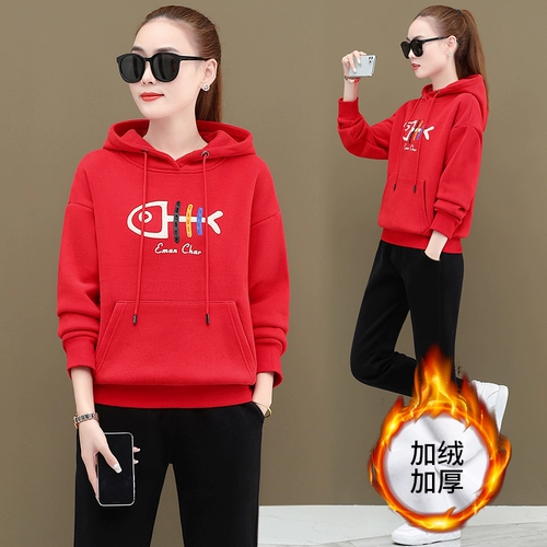 Утепленный спортивный костюм, комплект, модная удерживающая тепло толстовка с капюшоном, увеличенная толщина, большой размер