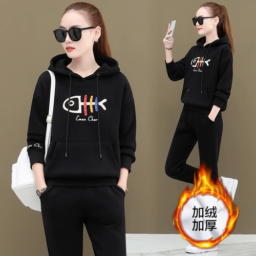 Утепленный спортивный костюм, комплект, модная удерживающая тепло толстовка с капюшоном, увеличенная толщина, большой размер