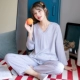 Bộ đồ ngủ nữ mùa xuân và mùa thu cotton lụa dài tay hai mảnh phù hợp với mùa thu và đông lạnh Hàn Quốc quần lụa cotton lụa phù hợp với dịch vụ tại nhà - Giống cái