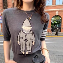 TB knitted T-shirt Riding the wind and breaking the waves sister same style trendy old man head thin 4 bars tencel wool slim short-sleeved bottoming female