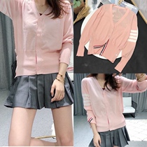 TB sunscreen cardigan Lang sister same style trendy air-conditioning shirt striped 4 bars V-neck thin pink knitted jacket female long-sleeved