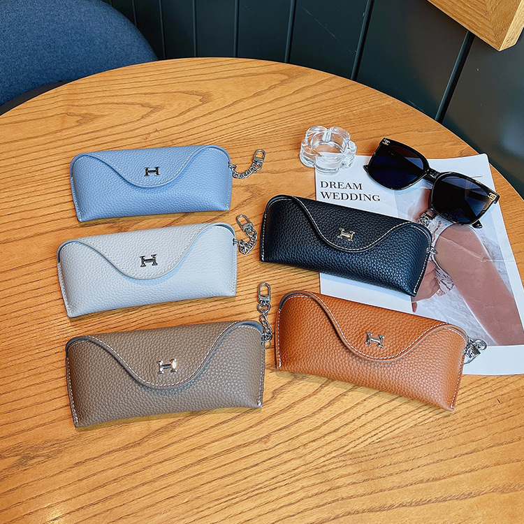 Genuine Leather H Buckle Anti-Pressure Glasses Case Portable Sunglasses Case Storage Bag Unisex Myopia Glasses Anti-Drop Protective Cover
