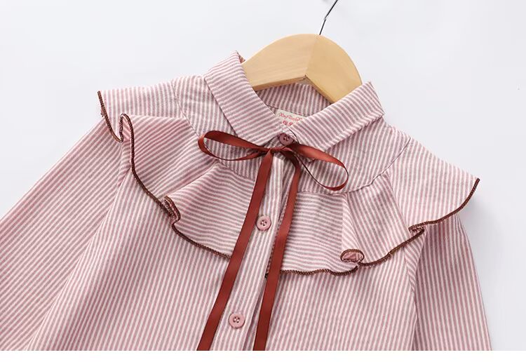 Áo sơ mi nữ mùa xuân 2019 phiên bản Hàn Quốc mới của cổ áo sọc búp bê sen lá dài tay áo đứng cổ áo sơ mi bé thời trang bé gái