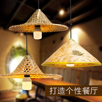 Straw hat light bucket with bamboo woven pendant lamp shade fire pot shop farmhouse Agricole Decorative Individuality Retro creative field Vine Art lamp