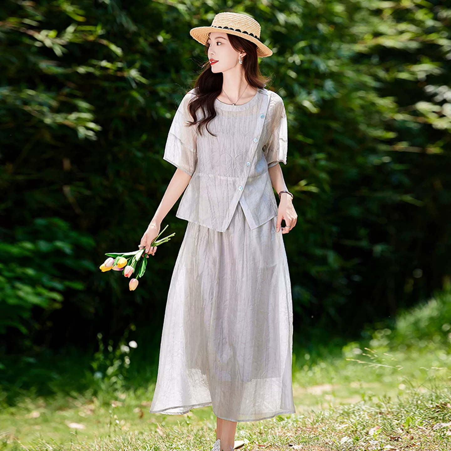 Summer set, skirt, shirt, oversize, lifting effect, 3 piece set