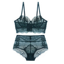 French sexy ultra-thin lace underwear breathable big chest show small bra Large size sub-breast see-through bra suit for women