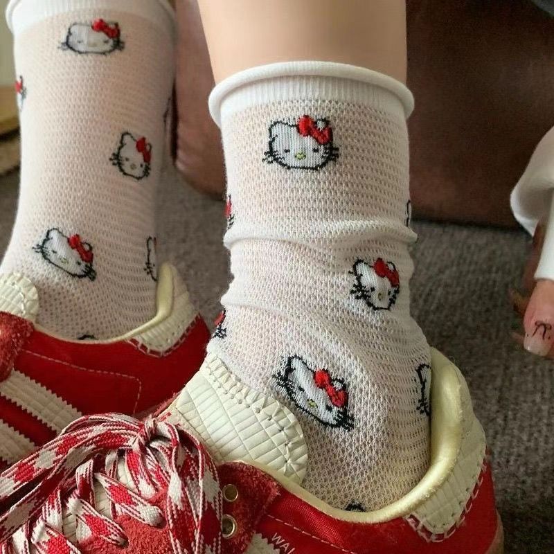 Cute Cartoon Hello Kitty Mid-Calf Socks, Summer Thin Mesh Hollow Breathable Bowknot Women's Socks