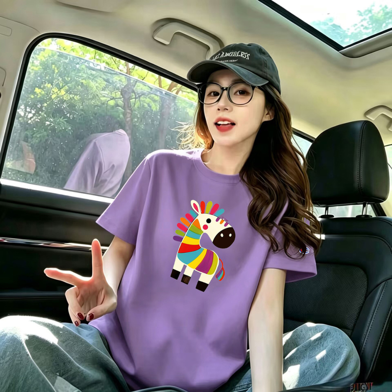 Japanese Trendy Brand Summer Pony Print Purple T-Shirt for Women, High-End Short-Sleeved Couple Loose Pure Cotton T-Shirt Top