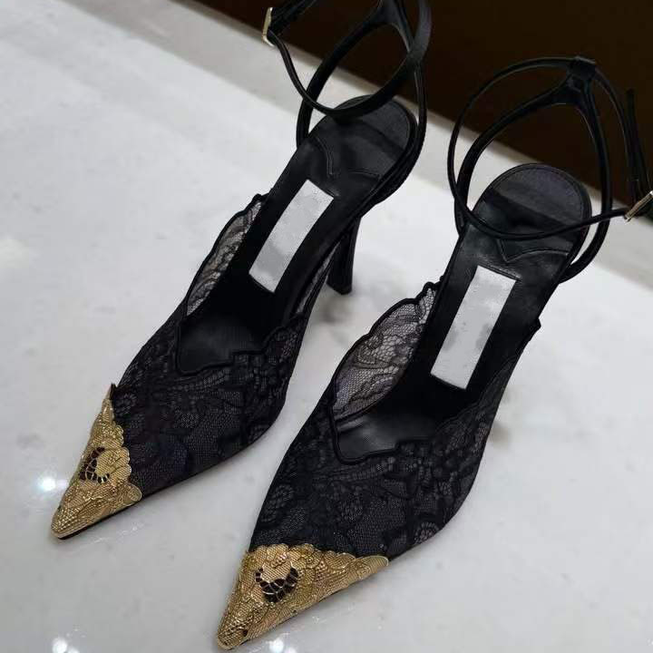 2026 Spring/Summer New French Style Sexy Black Lace Pointed Toe Stiletto Sandals Women's Mesh Breathable High Heels