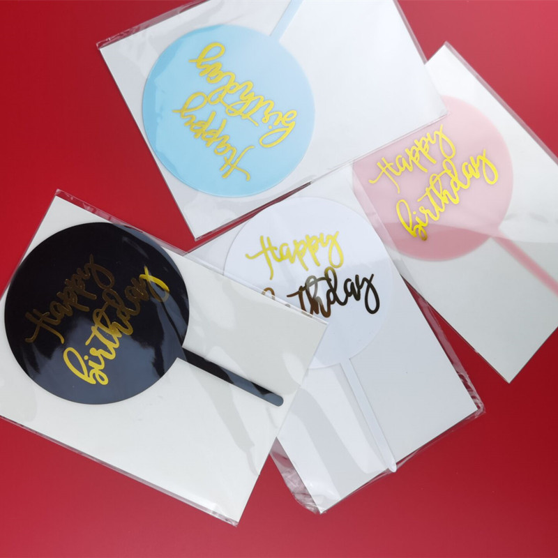 Hot Gold Acrylic Cake Decoration Plug-in Round Golden English Happy Birthday Pendulum with Birthday Pendulum