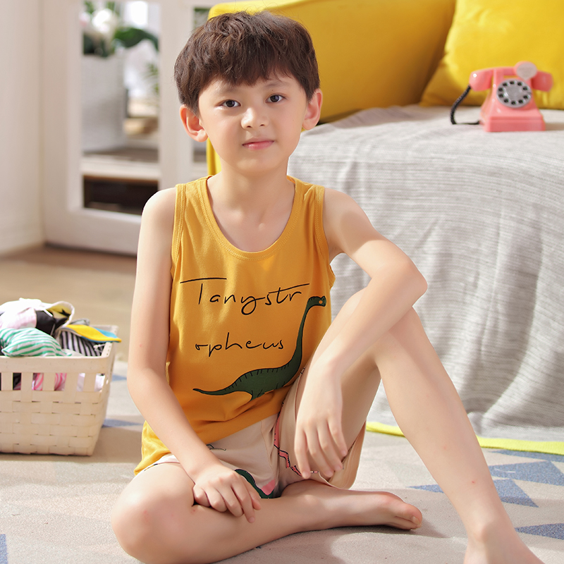 chàng trai Big pajamasummer vest bông tay mỏng mô hình vừa cậu bé lớn 12-15 tuổi set mùa hè childrens quần áo về nhà.