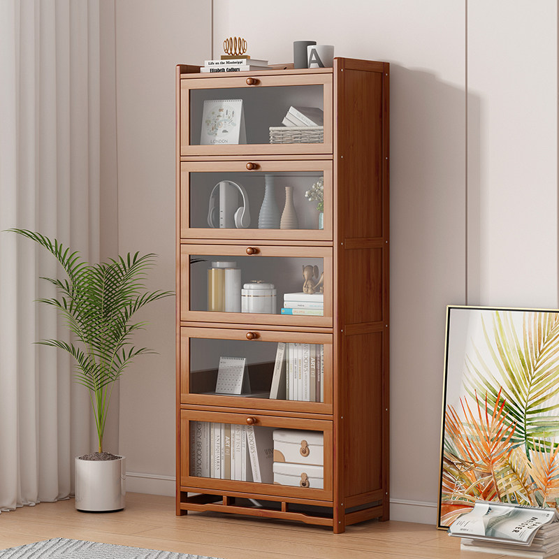 Bookcase solid wood bookshelf with glass door living room storage cabinet rack storage combination transparent simple children students