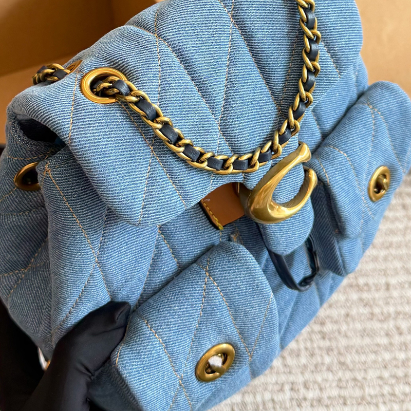 Gift Box Denim Fabric Plaid Retro Multi-Pocket Chain Shoulder Strap Small Mini Backpack for Women