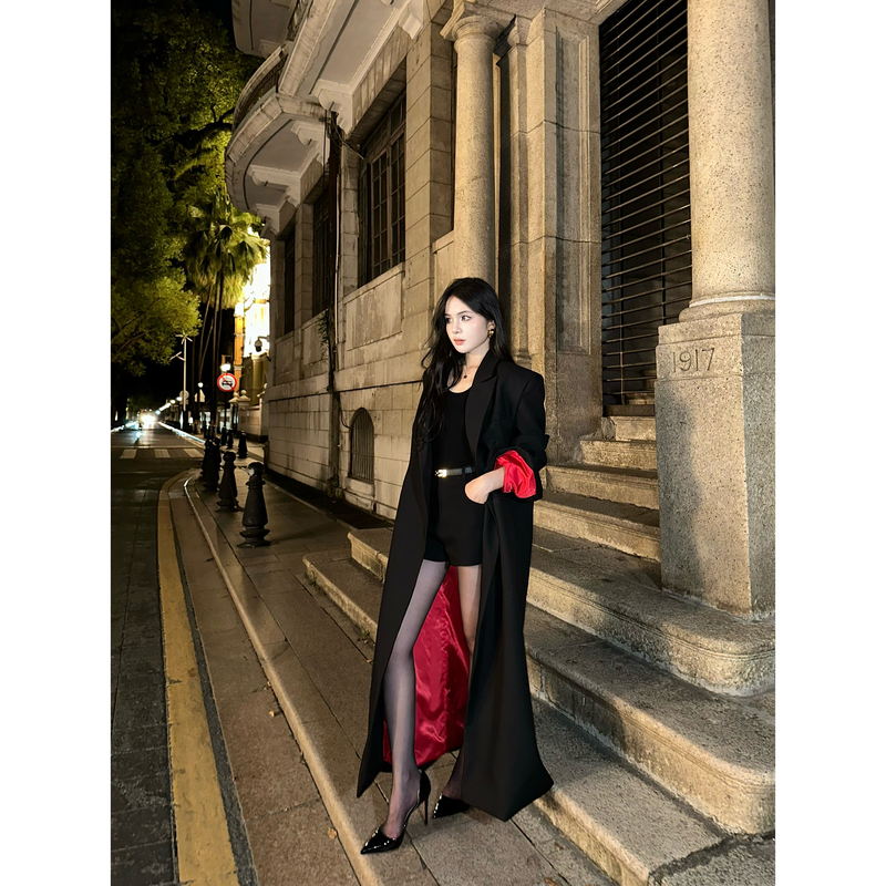 Chuyuqi Burgundy Coat, Deep and Sophisticated Aura, Black with Red Lining, Loose Long Blazer