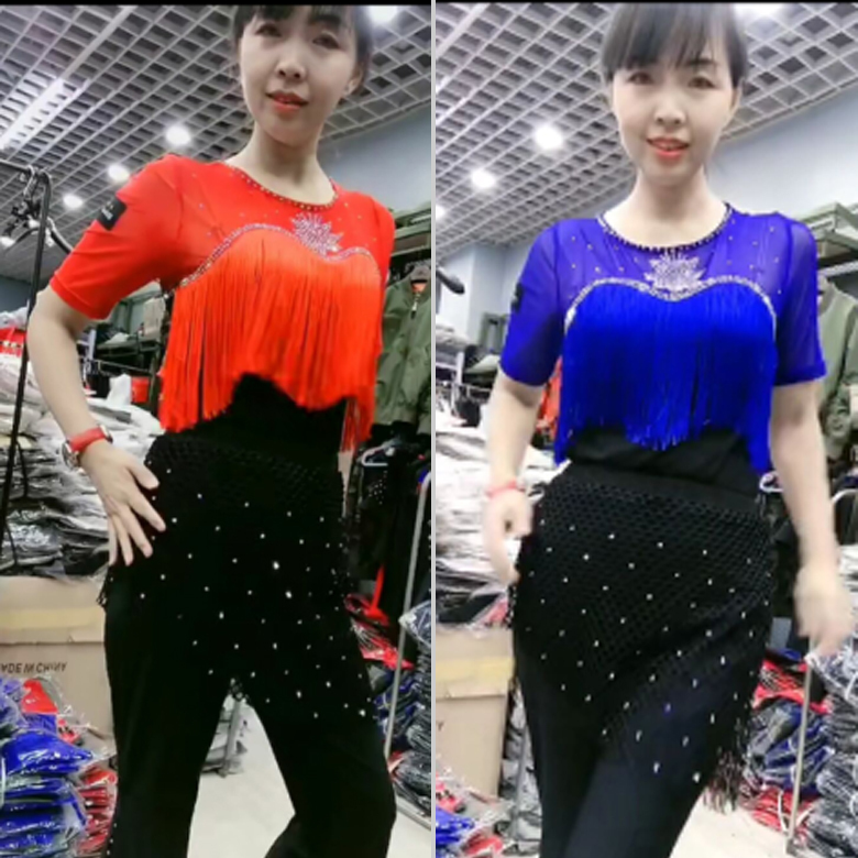 Guoguobu Sailor Dance Costume for Women, Summer Mesh with Rhinestones, Royal Blue Tassel Top, Prince Gitarba Performance Outfit