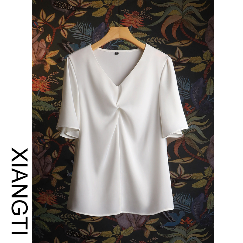 XT Girls' Shirts Summer Tops White Thin Section Satin Short Sleeves Design Sensation Niche French Collarless Silk Texture