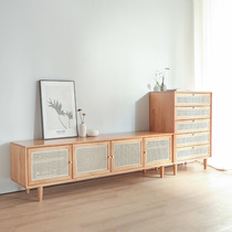 Japanese-style solid wood TV cabinet small apartment modern minimalist rattan TV cabinet base cabinet homestay ins style furniture
