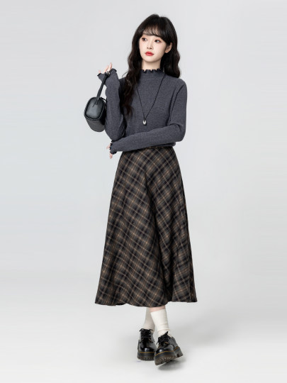 Retro plaid high-waisted skirt for women autumn and winter 2026 new autumn design plaid A-line mid-length skirt