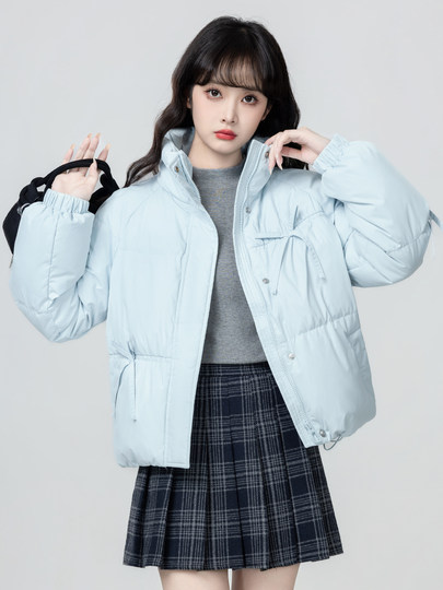 Blue stand collar down jacket for women 2026 winter new white duck down thickened warm bread coat short top