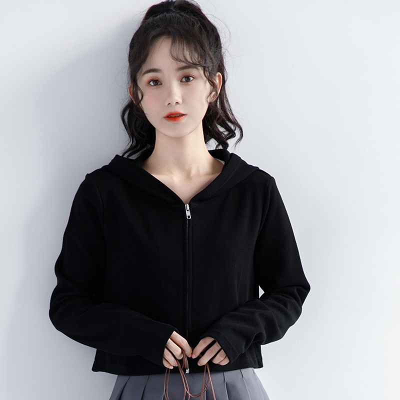 2021秋季新款连帽黑色卫衣外套女春秋短款拉链开...