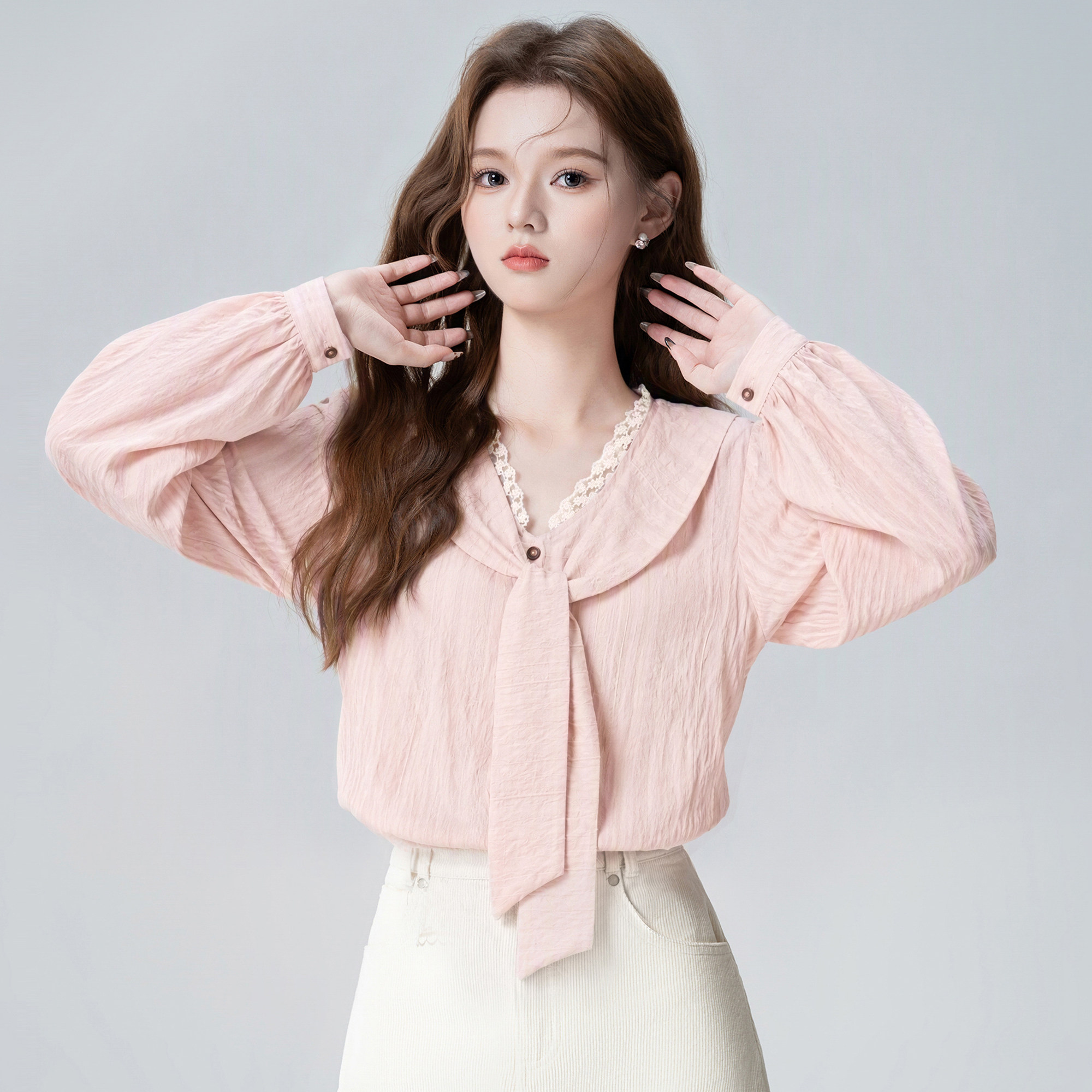 French style pink V-neck long-sleeved shirt for women, spring and autumn 2026 new style, lace-trimmed shawl collar shirt top