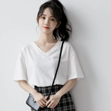 Белая однотонная короткая хлопковая футболка для школьников, коллекция 2023, V-образный вырез, в корейском стиле, короткий рукав