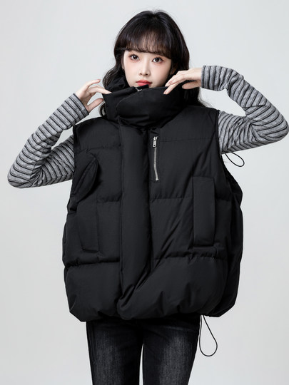Black Stand-Collar Cotton Vest for Women, Winter 2026 New Style, Loose-Fitting Puffer Vest Jacket