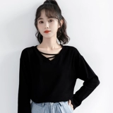 Осенний черный приятный телу хлопковый лонгслив, V-образный вырез, высокий воротник, в корейском стиле