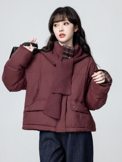 Red Stand-Up Collar down Jacket for Women, Winter 2026 New Style, Plaid Patchwork, Warm Puffer Jacket, Short Top