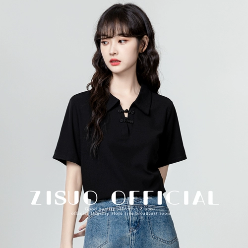 Черная летняя дизайнерская футболка с коротким рукавом, китайский стиль, тренд сезона, воротник поло